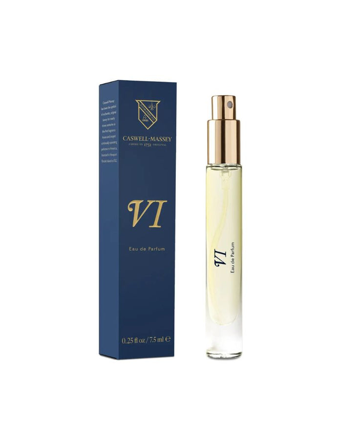 Cashwell Massey VI Eau de Parfum 75ml bottle with its navy blue packaging box, featuring gold lettering and a gold spray cap, on a white background.
