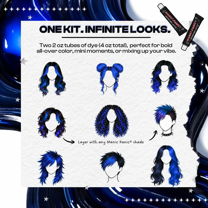 Graphic showing creative hairstyle looks using Manic Panic Inter-GEL-actic™ Celestine Blue gel hair color kit, a semi-permanent DIY hair dye with two 2 oz tubes for bold blue color and custom styling