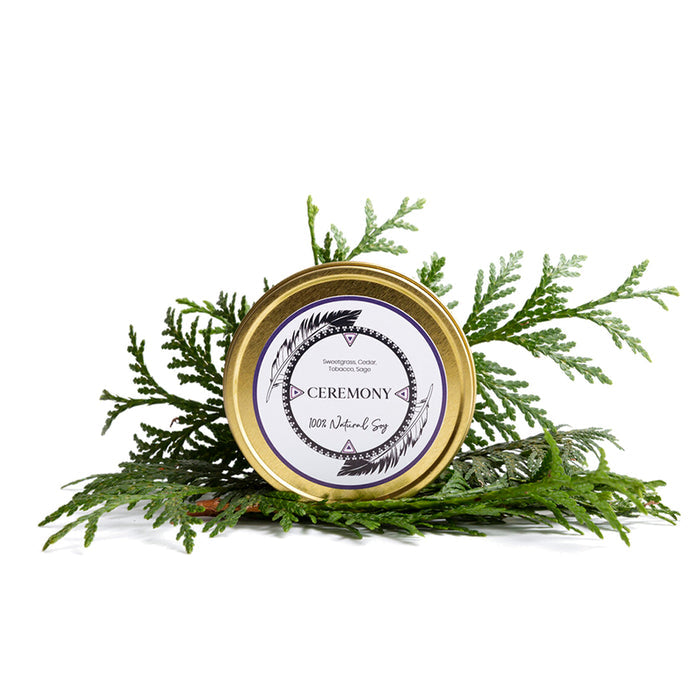 LODGE Soy Candle's 8oz travel tin candle in the scent Ceremony.
