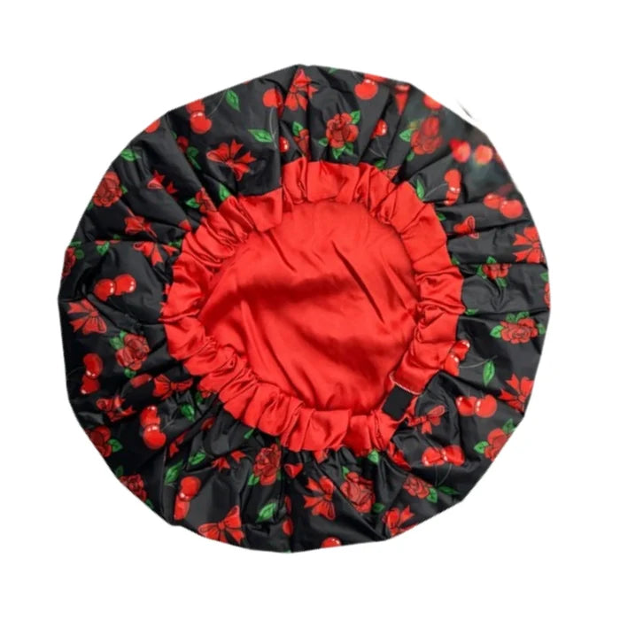 Inside view of Manic Panic waterproof shower cap showing elastic band and satin lining