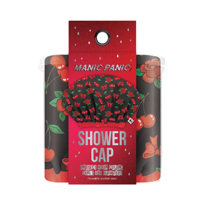 Manic Panic waterproof shower cap packaging featuring red cherry and bow print