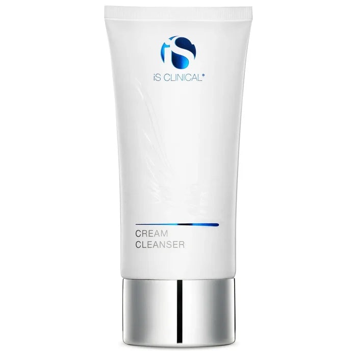 White tube of iS Clinical Cream Cleanser with silver cap and blue logo on clinical-white background