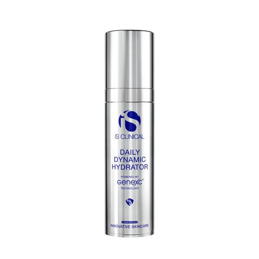 Silver cylindrical pump bottle of iS Clinical Daily Dynamic Hydrator with blue text on white background
