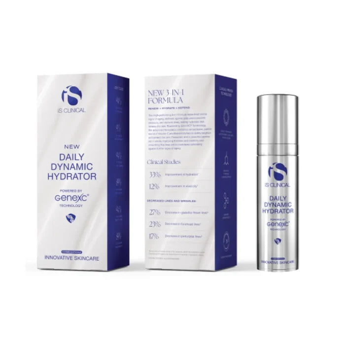 iS Clinical Daily Dynamic Hydrator bottle with front and back product packaging in white and blue