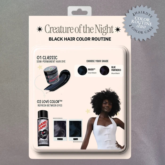 Retro product-card graphic showing Raven™ semi-permanent hair dye paired with Black Kat® Love Color conditioner, with a model displaying deep black hair.