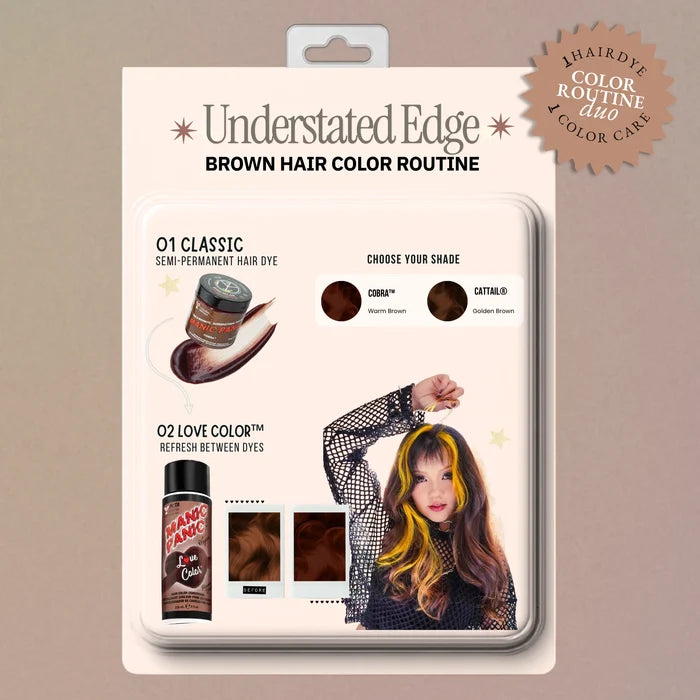 Retro product-card graphic showing Cattail™ semi-permanent hair dye paired with Havana Brown™ Love Color conditioner, with a model displaying warm brown hair.
