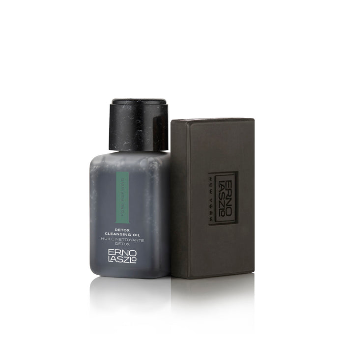 Travel-size detox cleansing oil bottle with Erno Laszlo box, dark glass pump-style