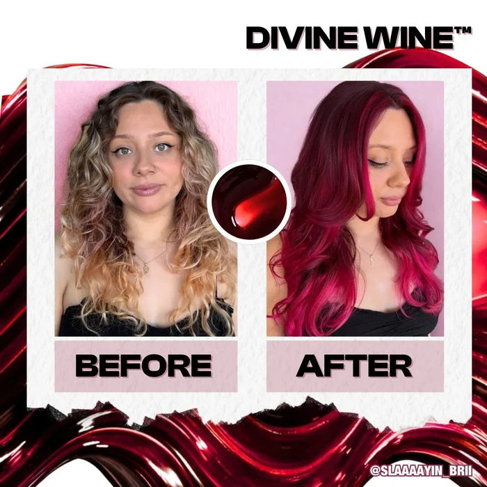 Before and after hair color transformation using Divine Wine product.