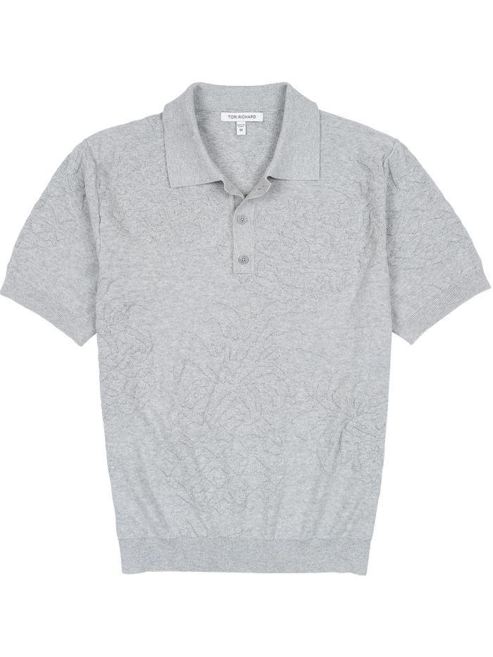 Light gray textured knit sweater polo with three buttons, ribbed hem and cuffs, front view.