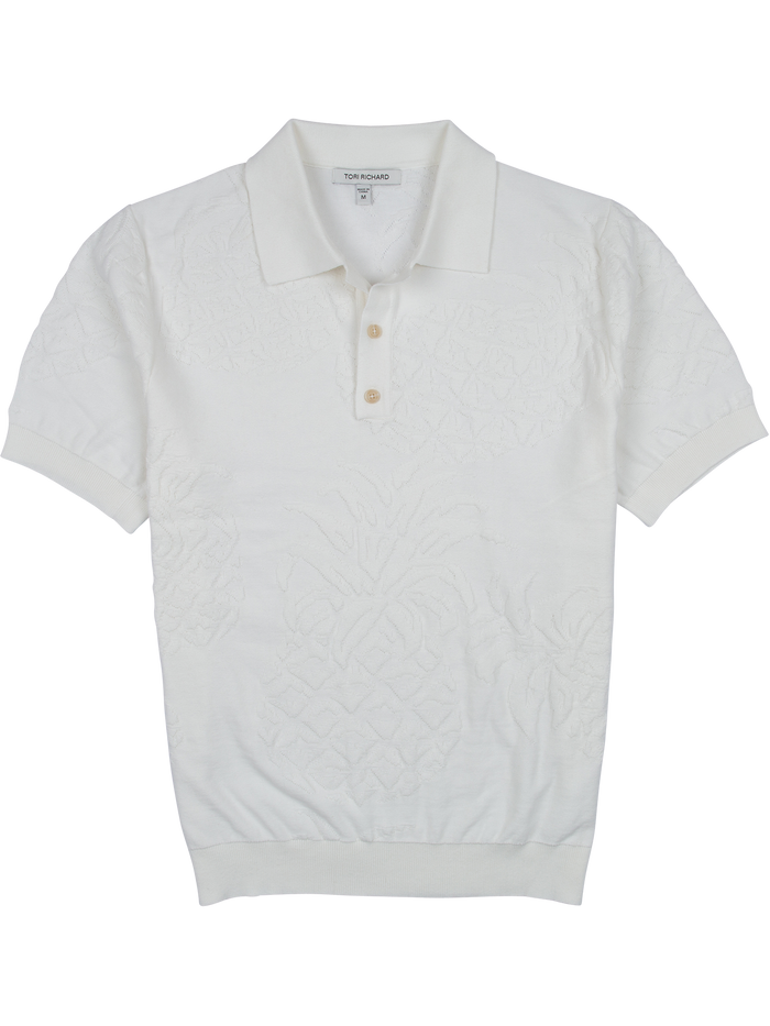 White pineapple-textured short-sleeve knit polo with three buttons, front view.