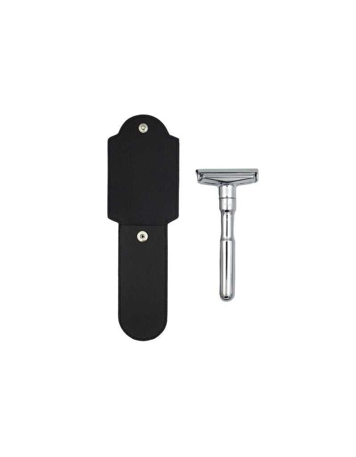 Black leather pouch for safety razors with razor inside