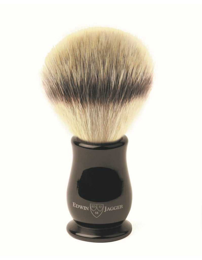 Edwin Jagger shaving brush with synthetic silver tip bristles and imitation ebony handle