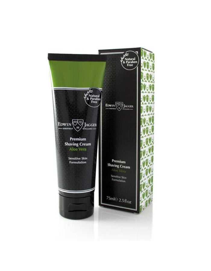 Edwin Jagger Aloe Vera shaving cream tube with black and green packaging, for sensitive skin, in a product box