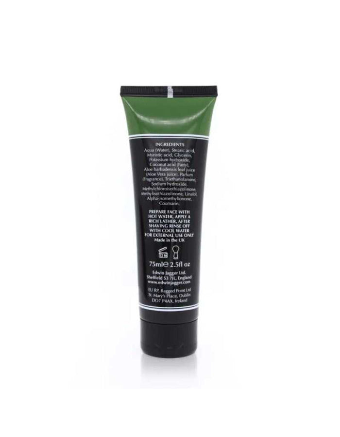 Back view of Edwin Jagger Aloe Vera shaving cream tube showing ingredients and usage instructions