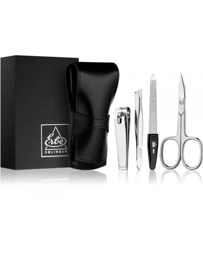 Erbe Solingen manicure tools set with black leather case and grooming tools