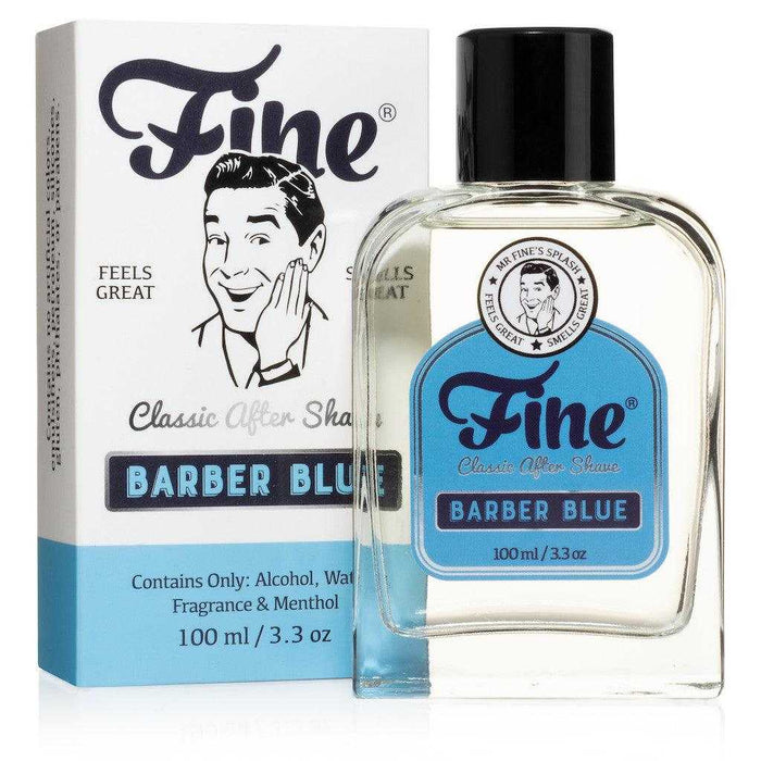 100ml glass bottle of Fine Aftershave with citrus fougère scent, inspired by Floid Blue, for cooling and soothing post-shave care