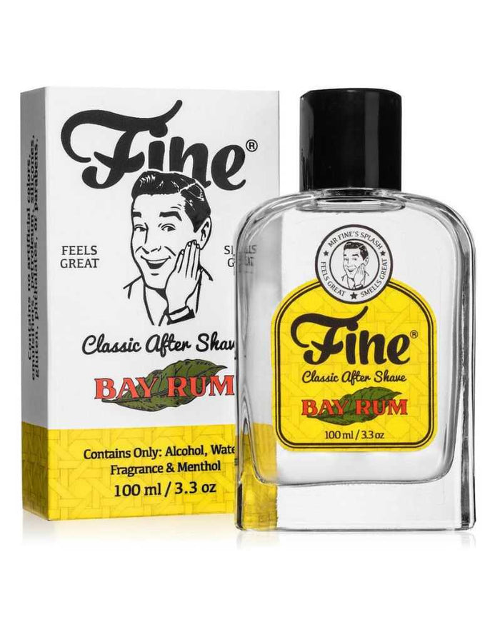 Fine Bay Rum Aftershave in 100ml glass bottle with spicy bay leaf scent and vintage design for a refreshing post-shave feel