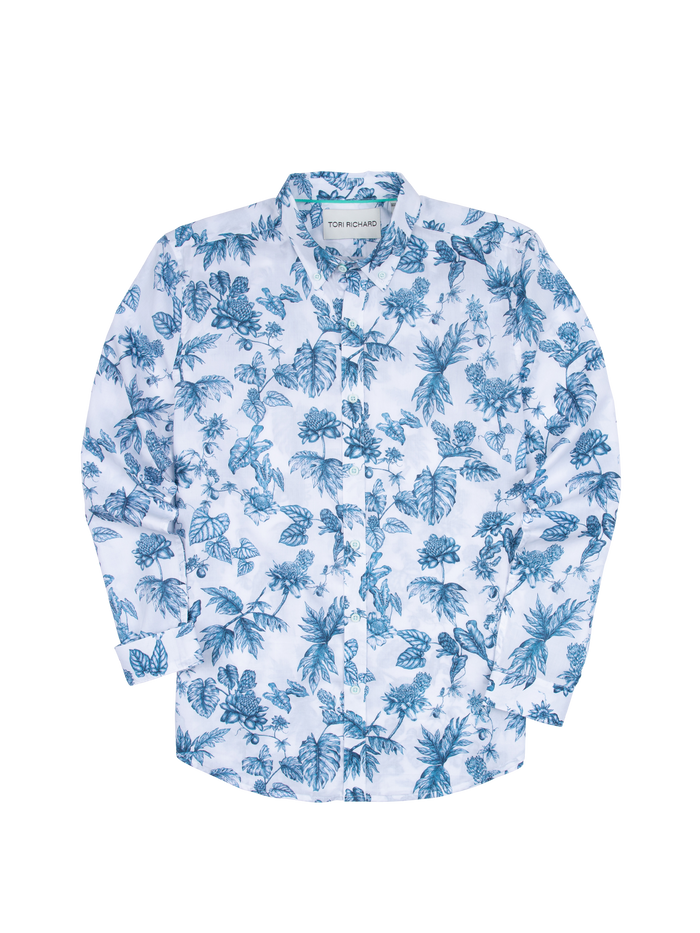 White and blue floral-leaf print cotton long-sleeve shirt, flat lay front view (shown in two images).