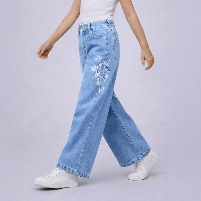 Girls Light Blue Wide Leg Denim Jeans with Floral Embroidery Detail