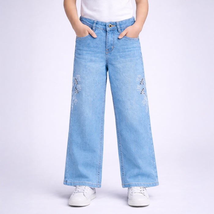 Girls Light Blue Wide Leg Denim Jeans with Floral Embroidery Detail