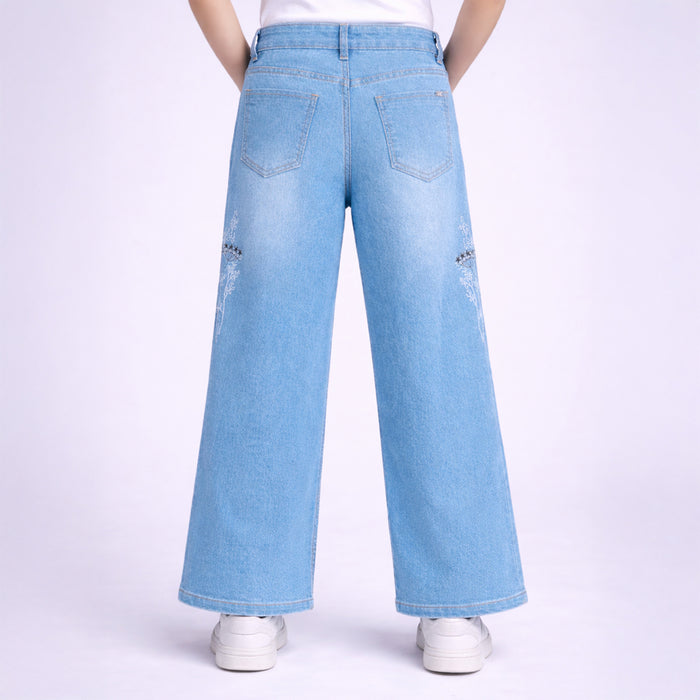 Girls Light Blue Wide Leg Denim Jeans with Floral Embroidery Detail