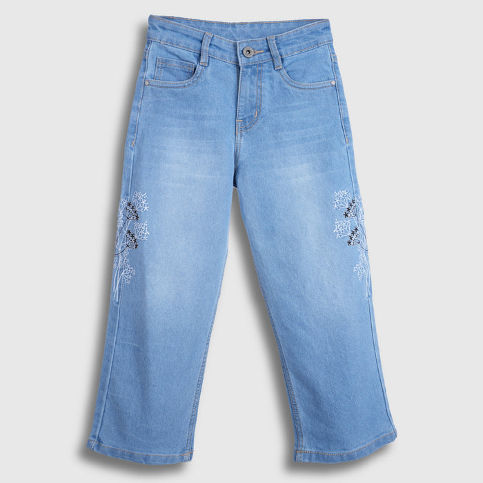 Girls Light Blue Wide Leg Denim Jeans with Floral Embroidery Detail