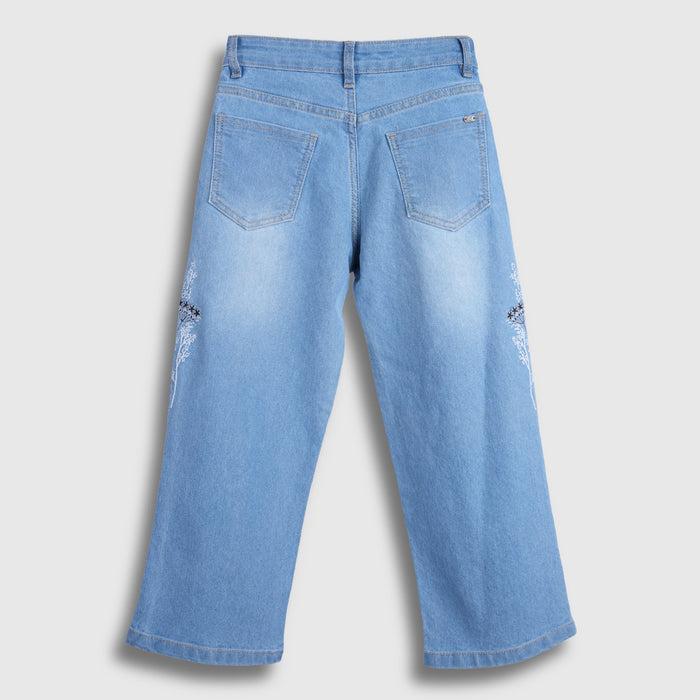 Girls Light Blue Wide Leg Denim Jeans with Floral Embroidery Detail