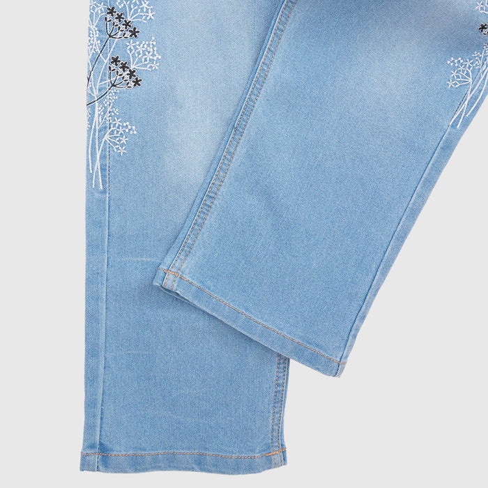 Girls Light Blue Wide Leg Denim Jeans with Floral Embroidery Detail