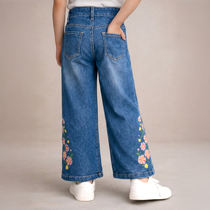 Girls Mid Blue Wide Leg Denim Jeans with Floral Embroidery Detail