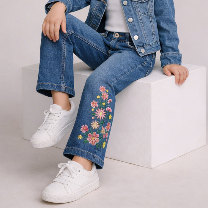 Girls Mid Blue Wide Leg Denim Jeans with Floral Embroidery Detail