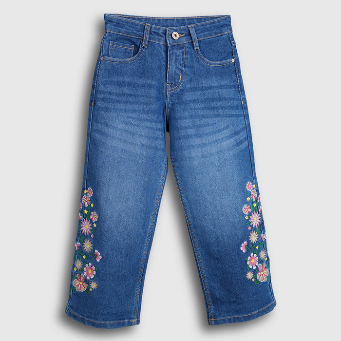 Girls Mid Blue Wide Leg Denim Jeans with Floral Embroidery Detail