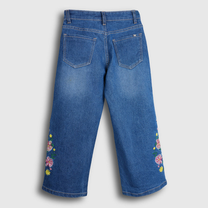 Girls Mid Blue Wide Leg Denim Jeans with Floral Embroidery Detail