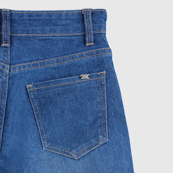 Girls Mid Blue Wide Leg Denim Jeans with Floral Embroidery Detail