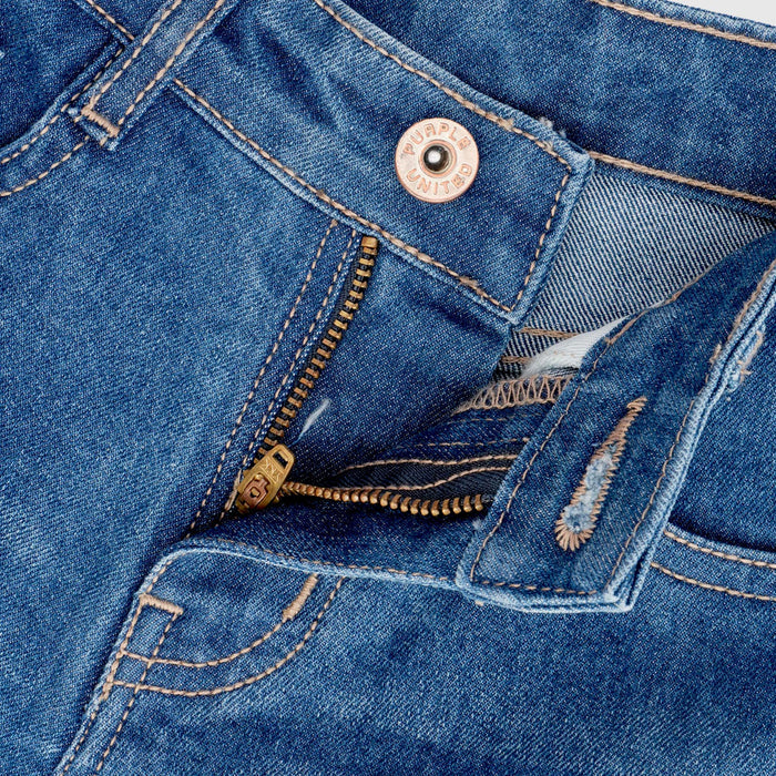 Girls Mid Blue Wide Leg Denim Jeans with Floral Embroidery Detail