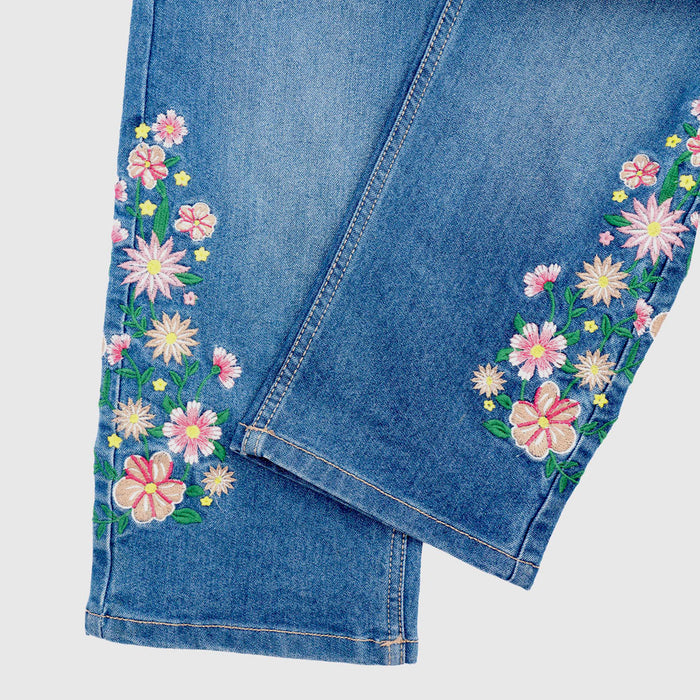Girls Mid Blue Wide Leg Denim Jeans with Floral Embroidery Detail