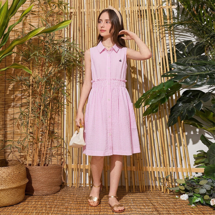 Girls Pink Sleeveless Striped Shirt Dress with Elastic Waist
