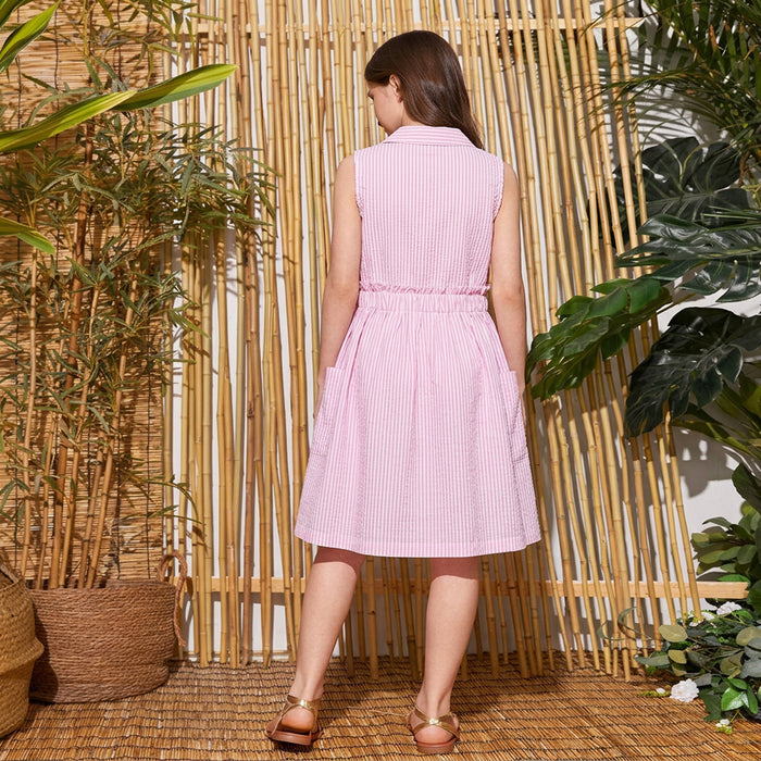 Girls Pink Sleeveless Striped Shirt Dress with Elastic Waist