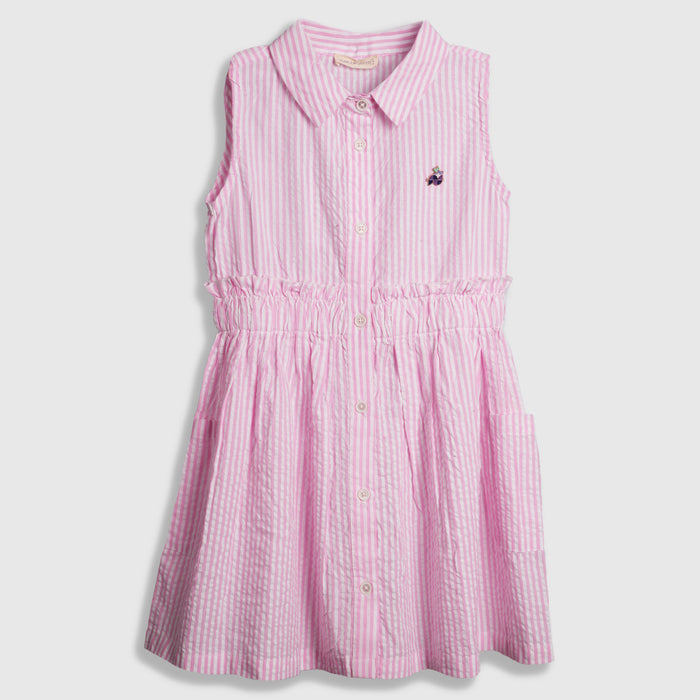 Girls Pink Sleeveless Striped Shirt Dress with Elastic Waist