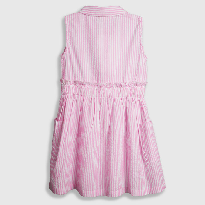 Girls Pink Sleeveless Striped Shirt Dress with Elastic Waist