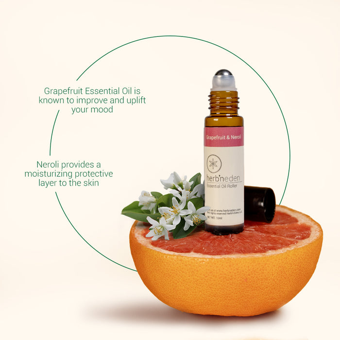 Herb'N Eden Grapefruit & Neroli essential oil roller with grapefruit and neroli blossoms highlighting uplifting aromatherapy benefits