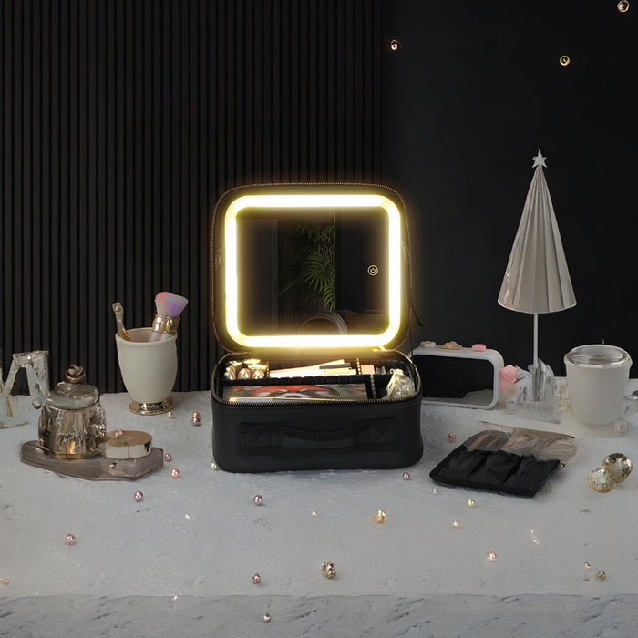 A Green Lion LED Makeup Organizer with a built-in illuminated mirror, neatly storing cosmetics while a woman applies makeup.
