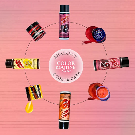 Red, orange and yellow Manic Panic  semi-permanent hair dye jars with Love Color™ color-depositing conditioners arranged in a circle.