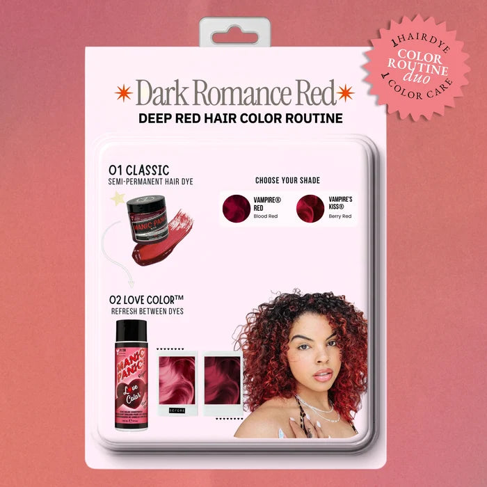 etro product-card graphic showing Vampire® Red and Rock ’N’ Roll® Red semi-permanent hair dyes paired with Rock Me Red™ Love Color conditioner, with a model displaying deep red hair.