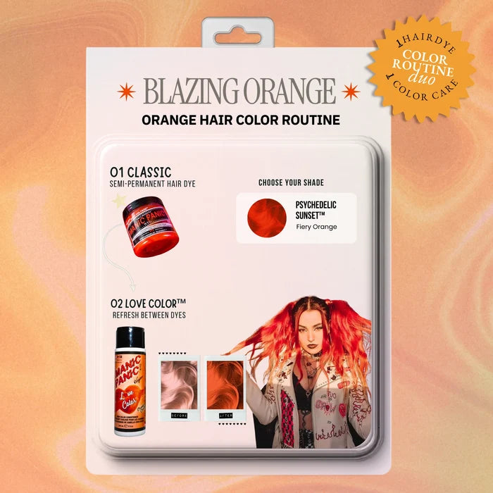 Retro product-card graphic showing Psychedelic Sunset™ semi-permanent hair dye paired with Orange Crush™ Love Color conditioner, with a model displaying vivid orange hair.