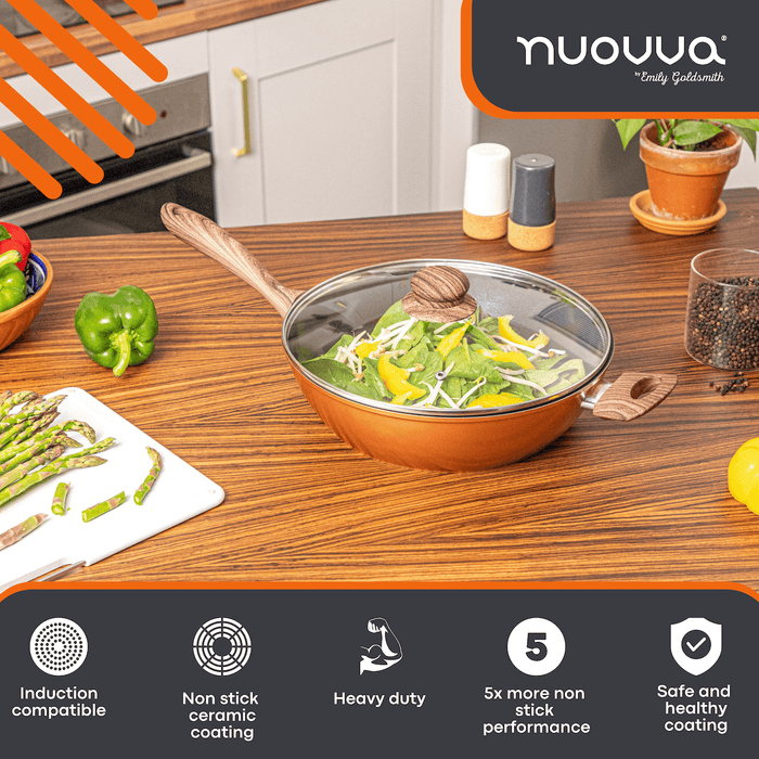 Copper induction sauté pan with ceramic coating for healthy home cooking.