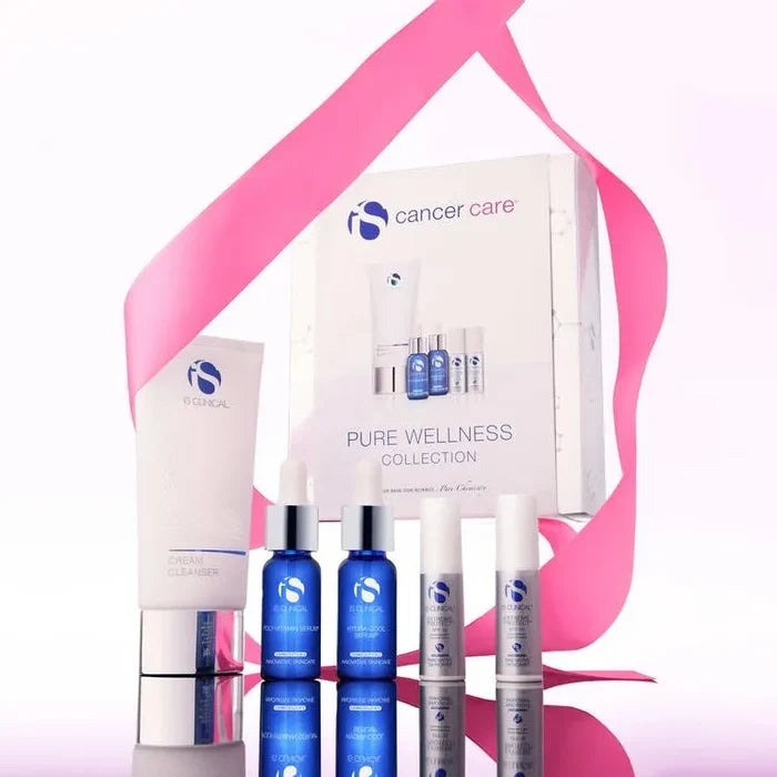 iS Clinical Cancer Care Pure Wellness Collection with cleanser tube, two blue serum bottles, and three silver pump bottles against pink ribbon background