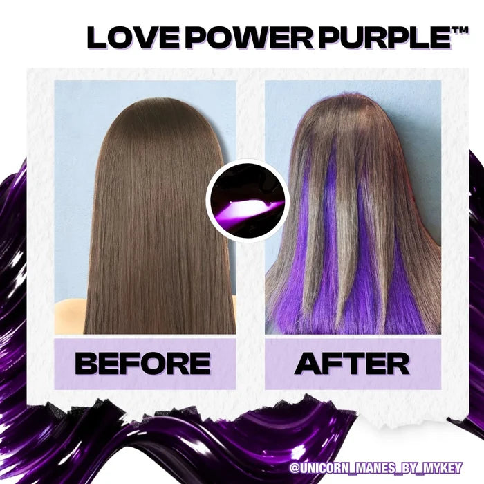 Before and after comparison of hair color transformation with purple highlights, branded 'Love Power Purple'.