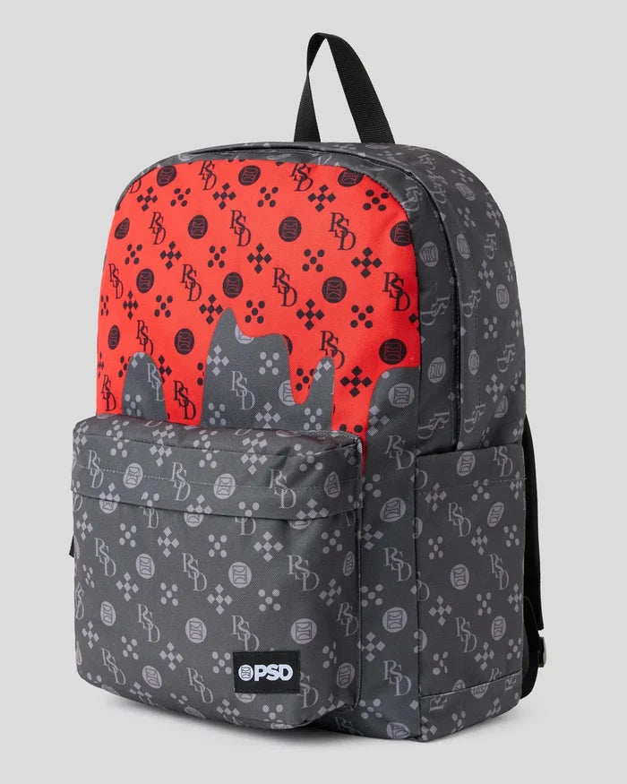 Black and red backpack with all-over monogram and geometric pattern, featuring front pocket and black shoulder straps.