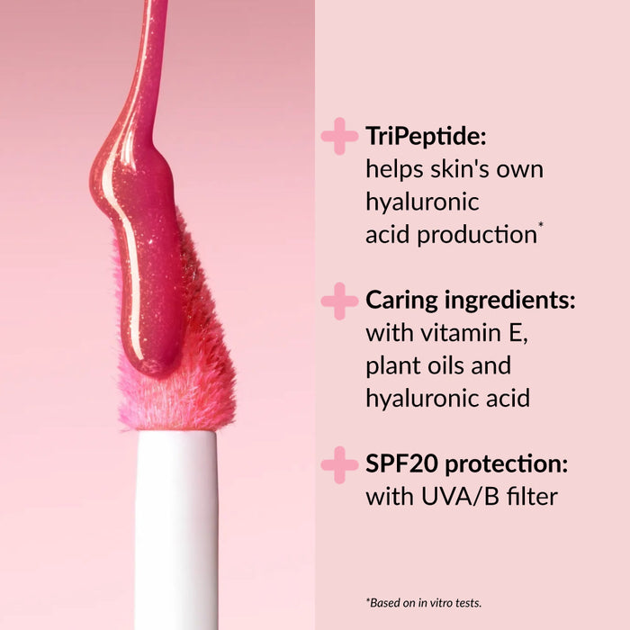 Avon Make Up +Care Peptide Serum Lip Gloss contains tripeptides, vitamin E and SPF20 UVA/B filter protection to help skins own hyaluronic acid production and to protect your lips.