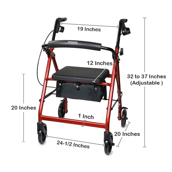 McKesson Lightweight 4 Wheel Rollator Walker, Red - 146-R726RD - LL Medico